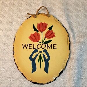 Welcome Sign Slate Rawhide hanger tulips